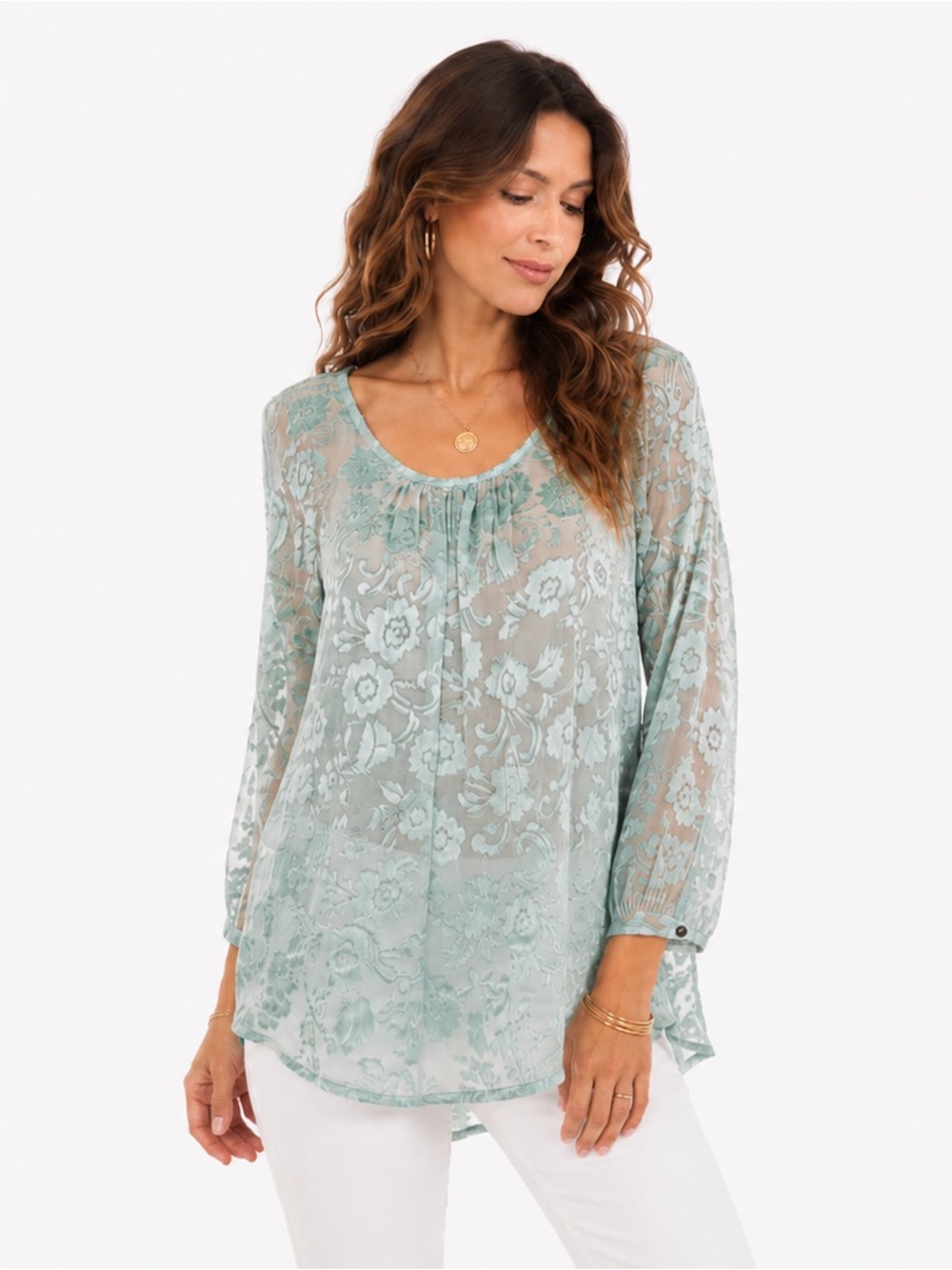 Calypso St. Barth Sage Floral Velvet Devore Silk Blend Burnout Tunic Top Sz XS